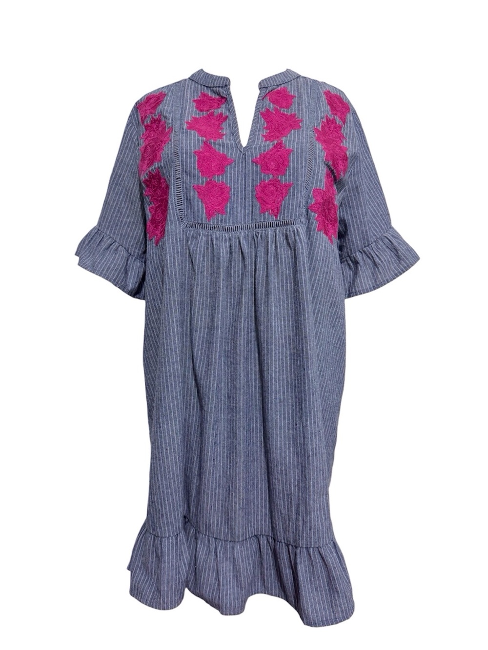 Entro Blue White Striped Pop Over Mini Dress 100% Cotton Floral Embroidery Large